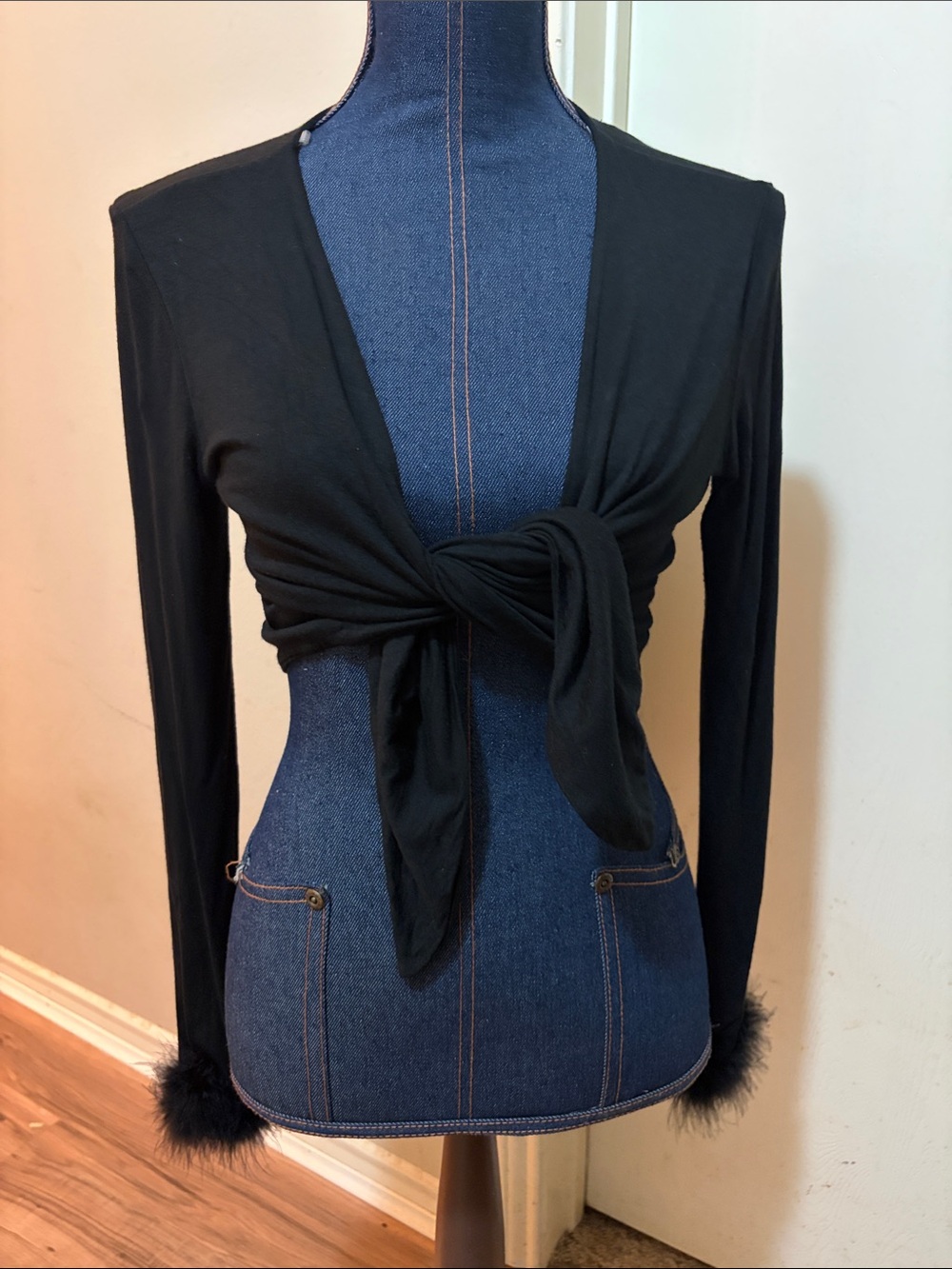Black Tie-Front Crop Top with Feather Cuff Detail